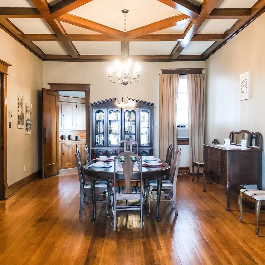 Dining room beneath Parkview's ornate beamed ceiling
